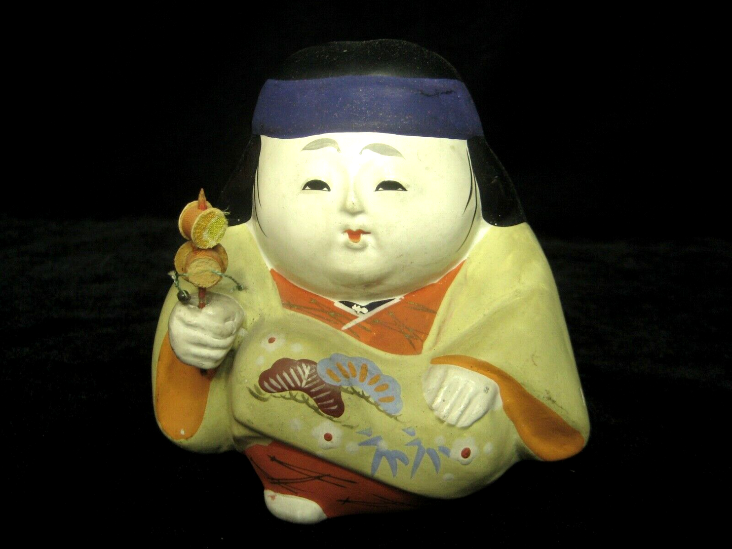 Vintage Japanese Hakata All Hand Painted Doll Ceramic Kimono Pine & Bamboo 4"H