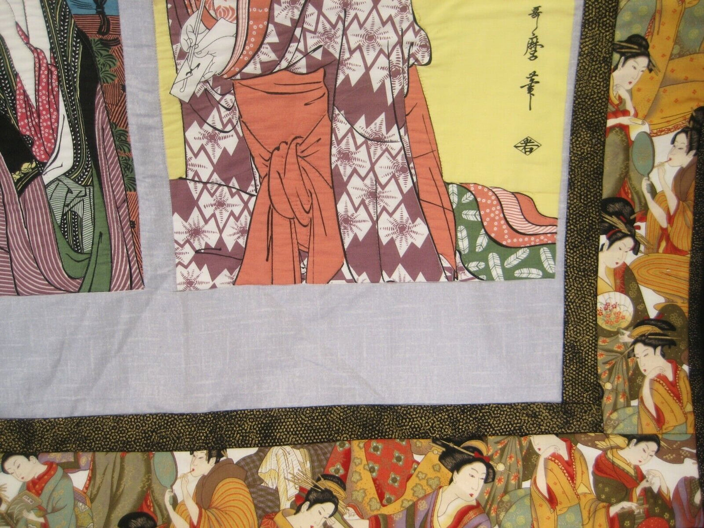 Vintage Japanese Signed Printed Cotton Stitched Quilt Geisha Design 28 X 30"