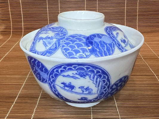 Antique Japanese Taisho Era (C. 1920) Imari Ceramic Chawan Lidded Bowl Scenic
