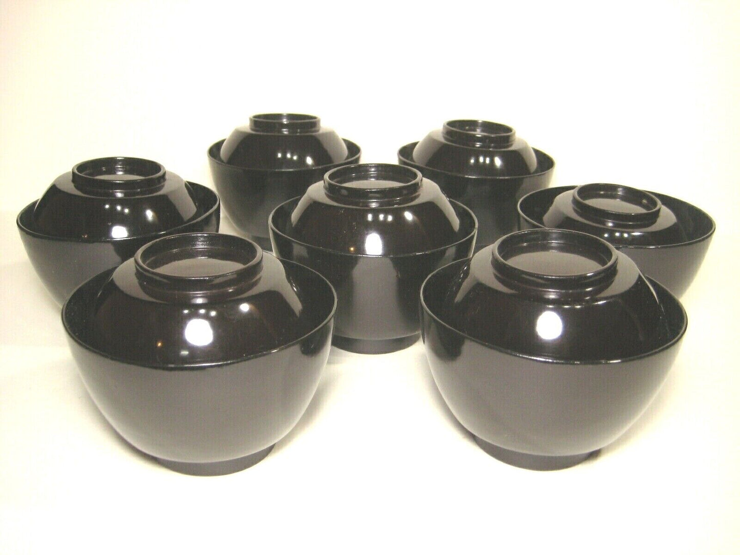 Antique Japanese Set Of 7 Meiji Era (C1880) High Sheen Black Lacquer Bowls