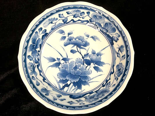 Vintage Japanese Ceramic Bowl Dish Blue & White Peony Motif 8"W x 1.5"H