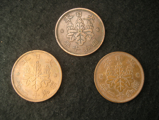 1935 '36 '37 Three Vintage Japanese Bronze Coins 1 Sen - Pualownia Crest
