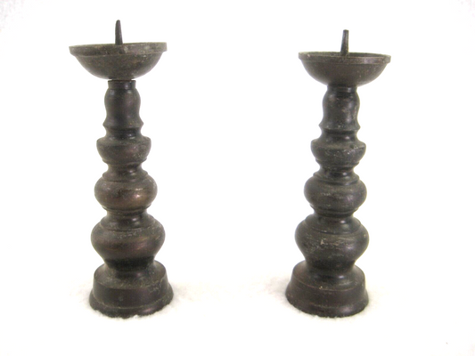 Antique Japanese C1900 Set Of 2 Small Bronze Candel Sticks For Buddhist Alter