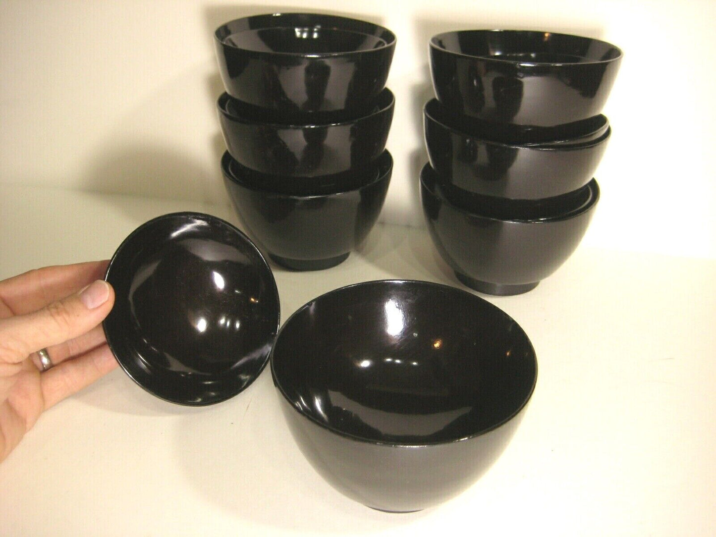 Antique Japanese Set Of 7 Meiji Era (C1880) High Sheen Black Lacquer Bowls