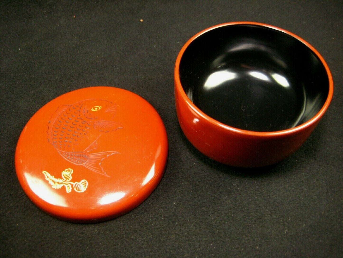 Antique Japanese Meiji Era (C1880) Red Lacquer Soup Bowls W/ Koi Fish Lid