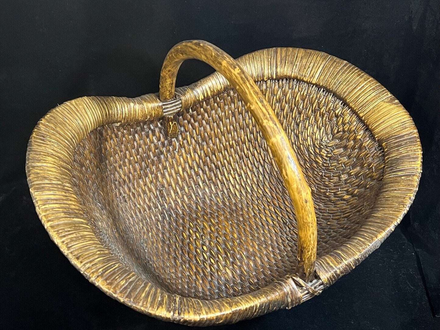 Antique Chinese c1900 Late Qing Hand Made Bamboo Rice Basket With Handle 22"L