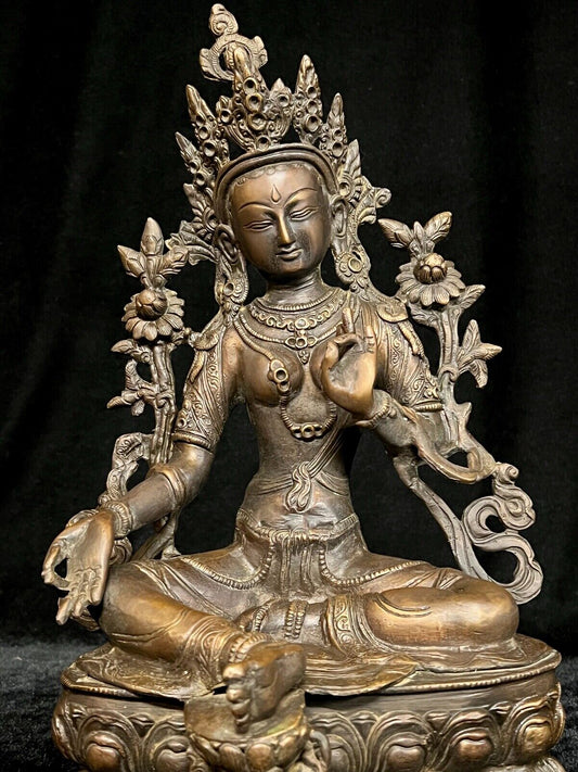 Vintage Tibetan Bronze Green Tara Statue Buddhist Goddess Of Compassion 14.5"H