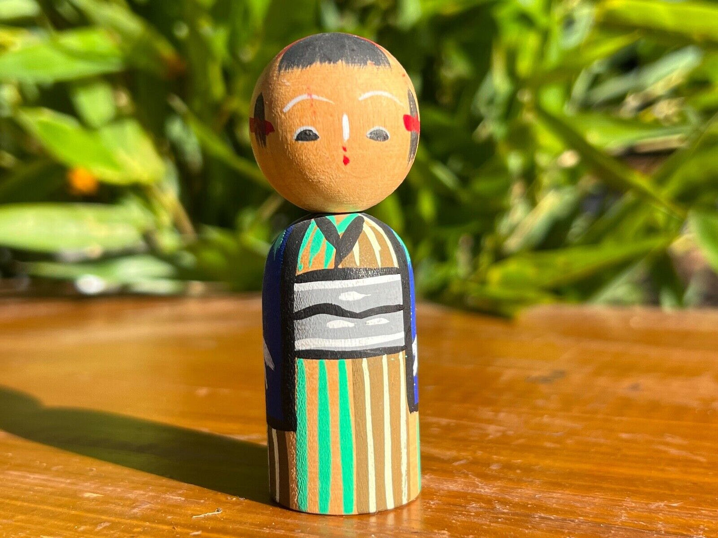Vintage Japanese Kokeshi Wooden Doll Prince In Bamboo Kimono 2.75"