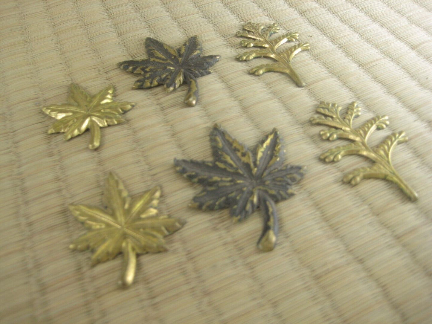 Antique Japanese Brass Stamping Set Of 6 S. & M. Maple X2 + Tree Sprig X2 2"