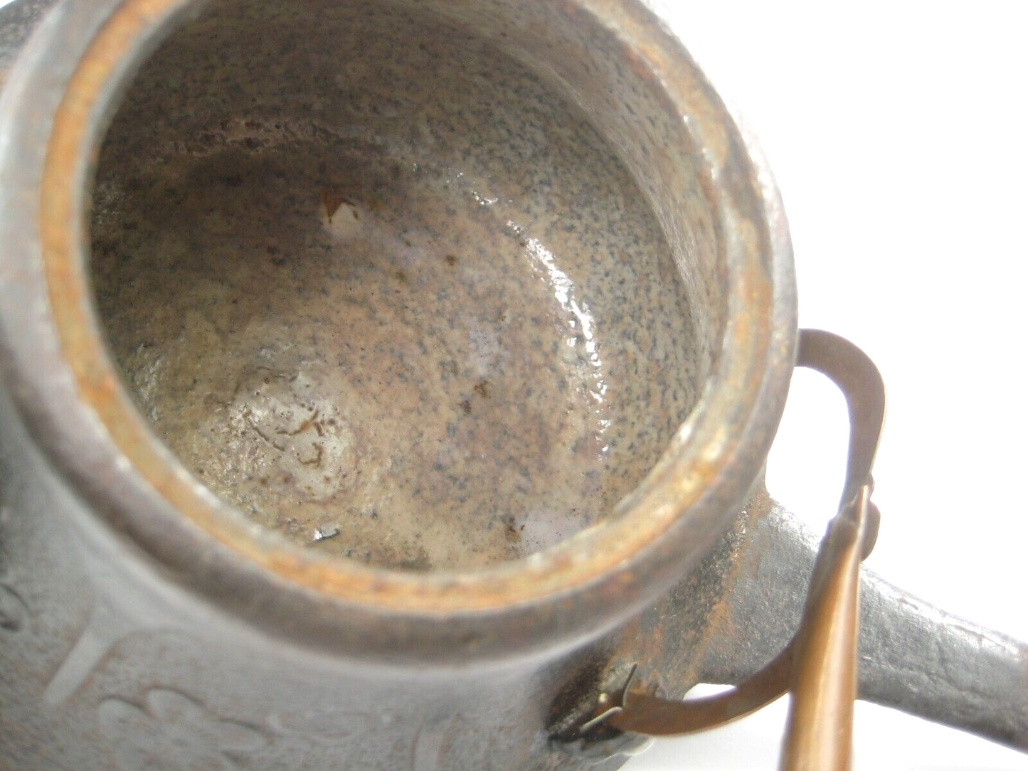 Antique Japanese Cast Iron Sake Warmer Tetsubin Bronze Lid W/ Enamel Inside Ume