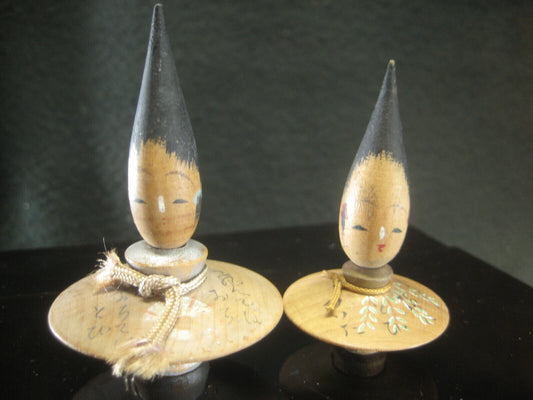 Unique Vintage Japanese Pair Of Kokeshi Small Boble Head Top Shaped 2"