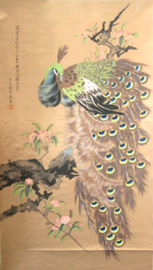 Vintage Japanese Scroll Peacock In Vivid Green & Blue Bird Painting Sumi 31X80"