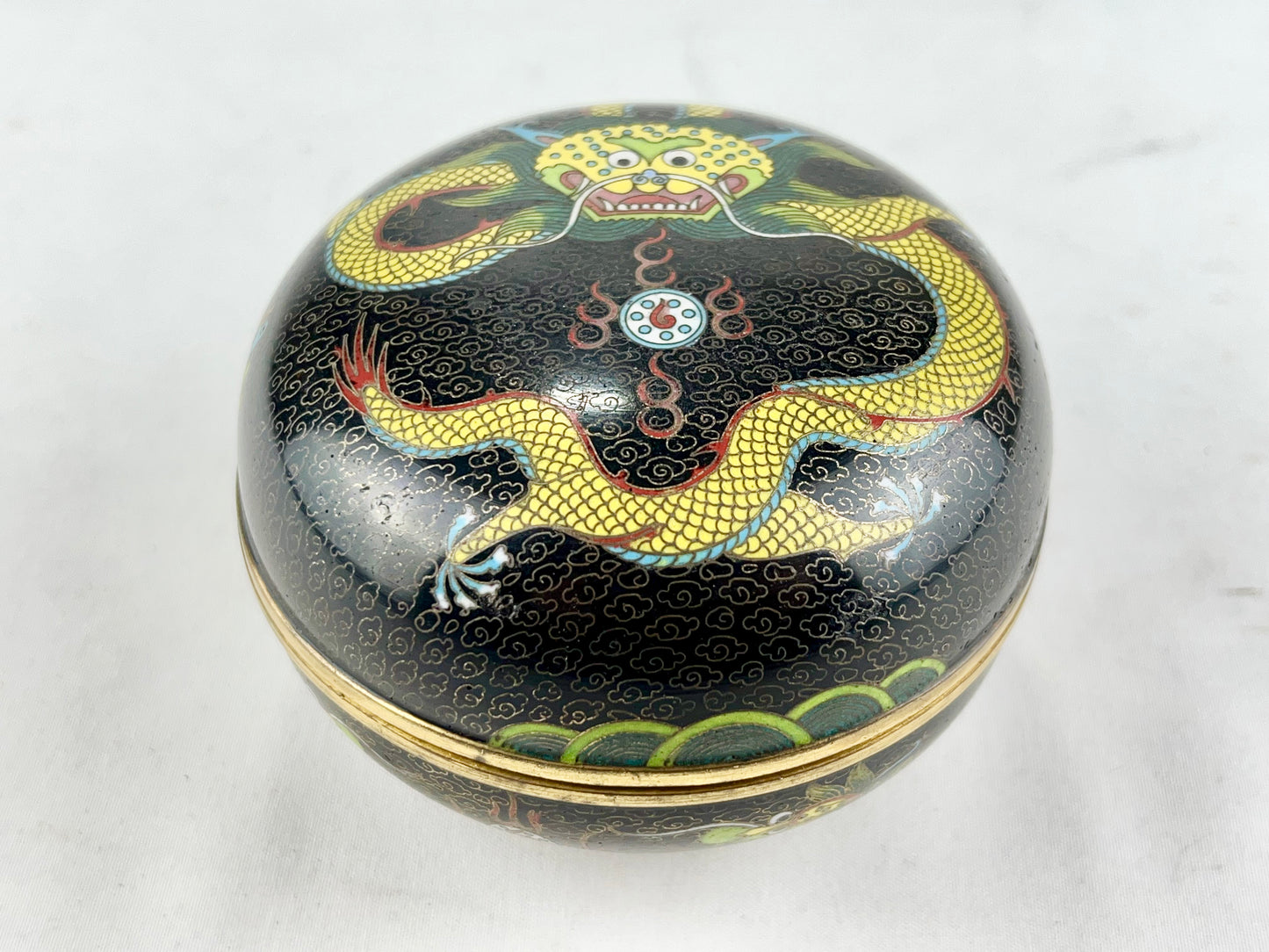 Antique Japanese Meiji Era (late 1800's) Cloisonné Yellow Dragon Jar / Box 3.5”