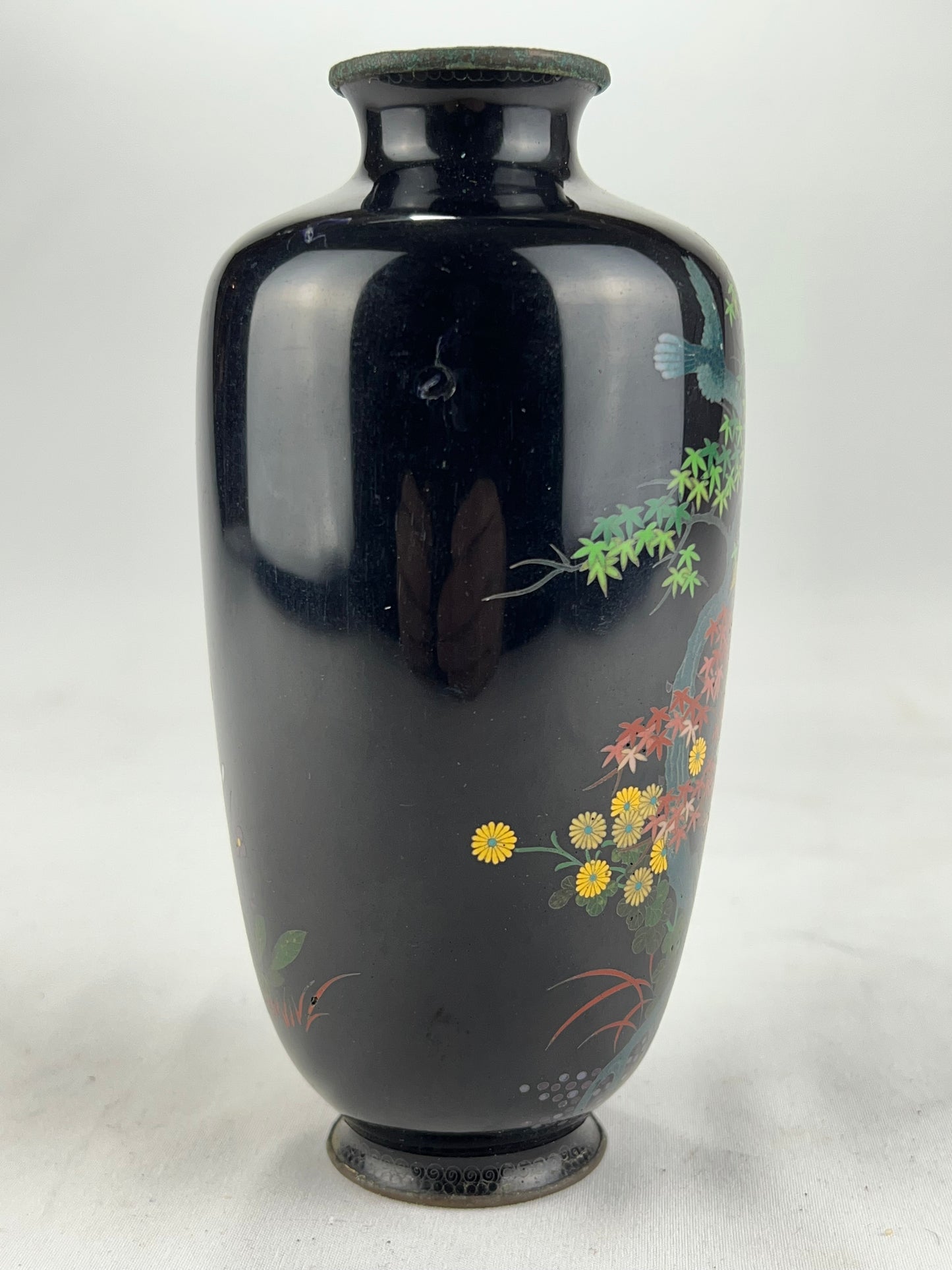 Antique Japanese Meiji Era (c1880) Cloisonné Black Vase Maple Tree & Birds 6”