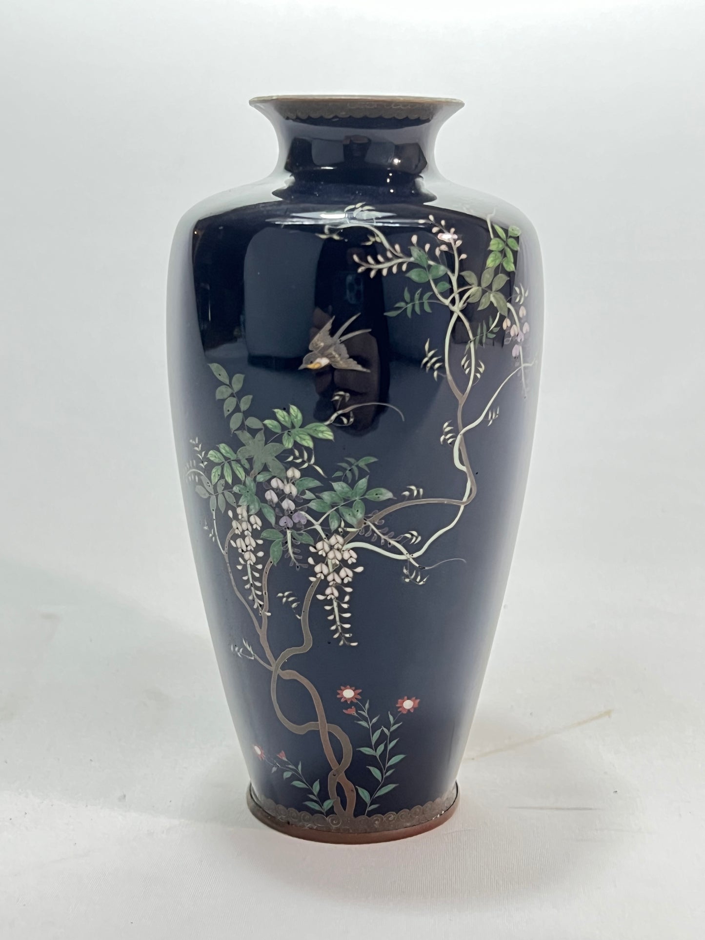 Antique Japanese Meiji Era (c1880) Cloisonné Vase Wisteria & Bird 6”