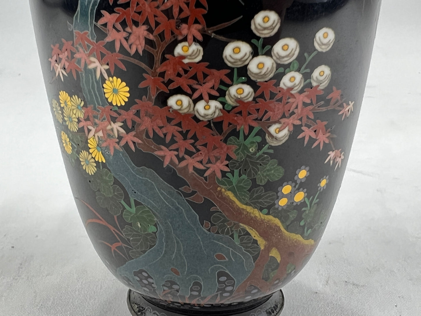 Antique Japanese Meiji Era (c1880) Cloisonné Black Vase Maple Tree & Birds 6”