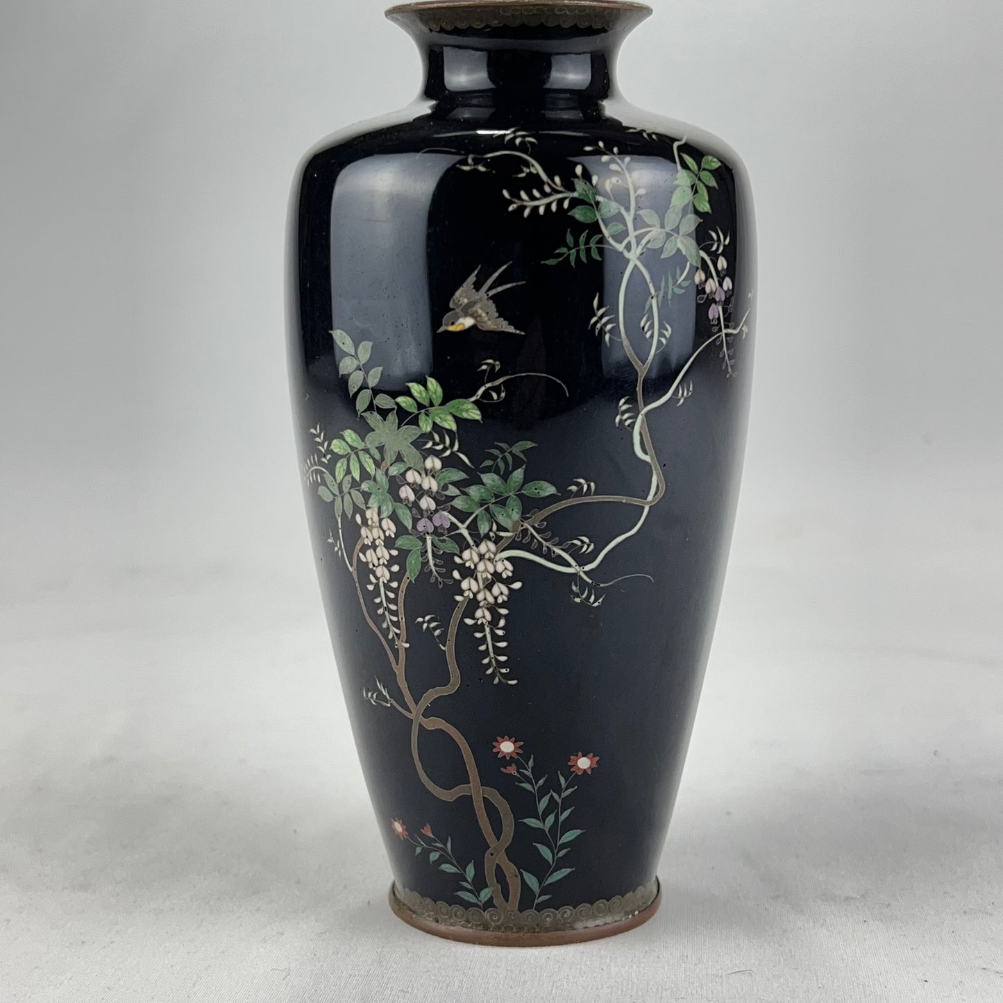 Antique Japanese Meiji Era (c1880) Cloisonné Vase Wisteria & Bird 6”