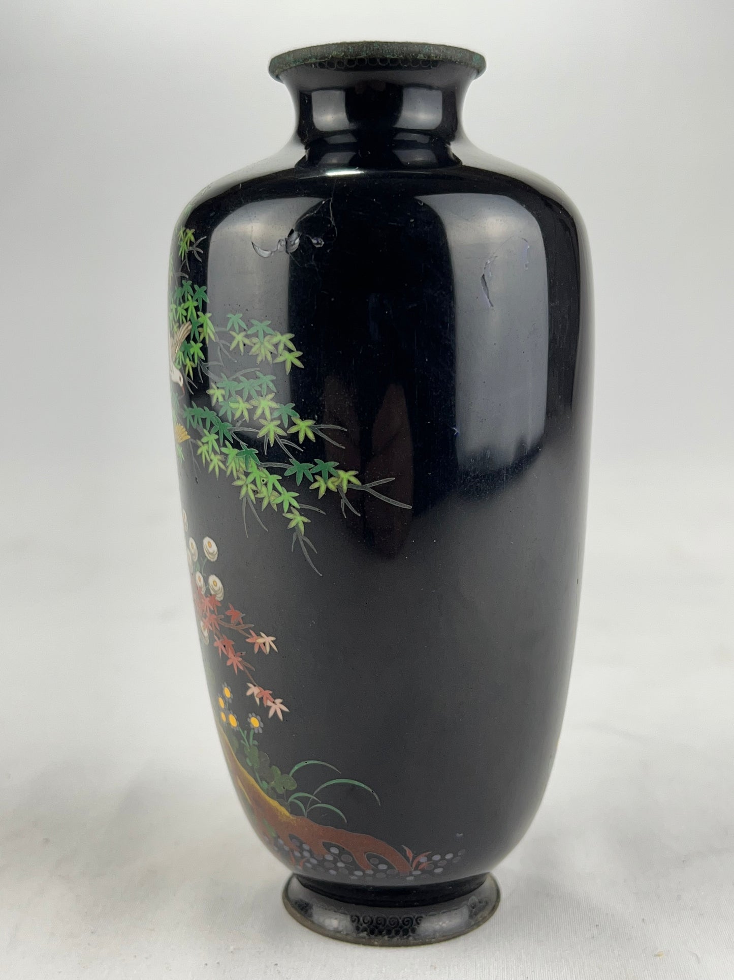 Antique Japanese Meiji Era (c1880) Cloisonné Black Vase Maple Tree & Birds 6”
