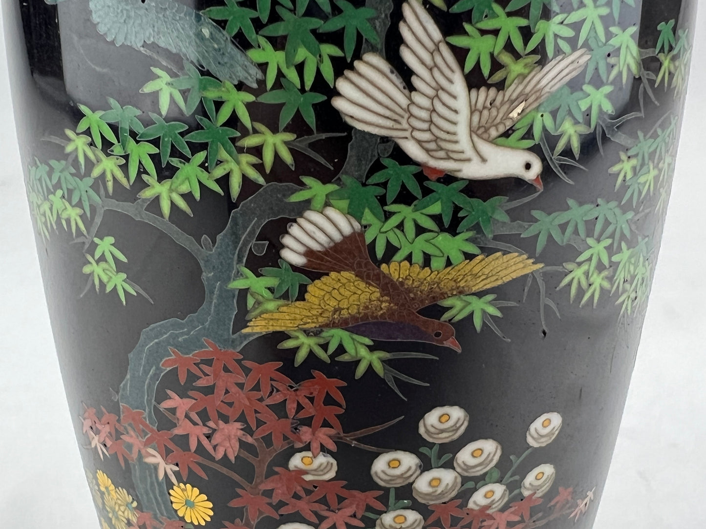 Antique Japanese Meiji Era (c1880) Cloisonné Black Vase Maple Tree & Birds 6”