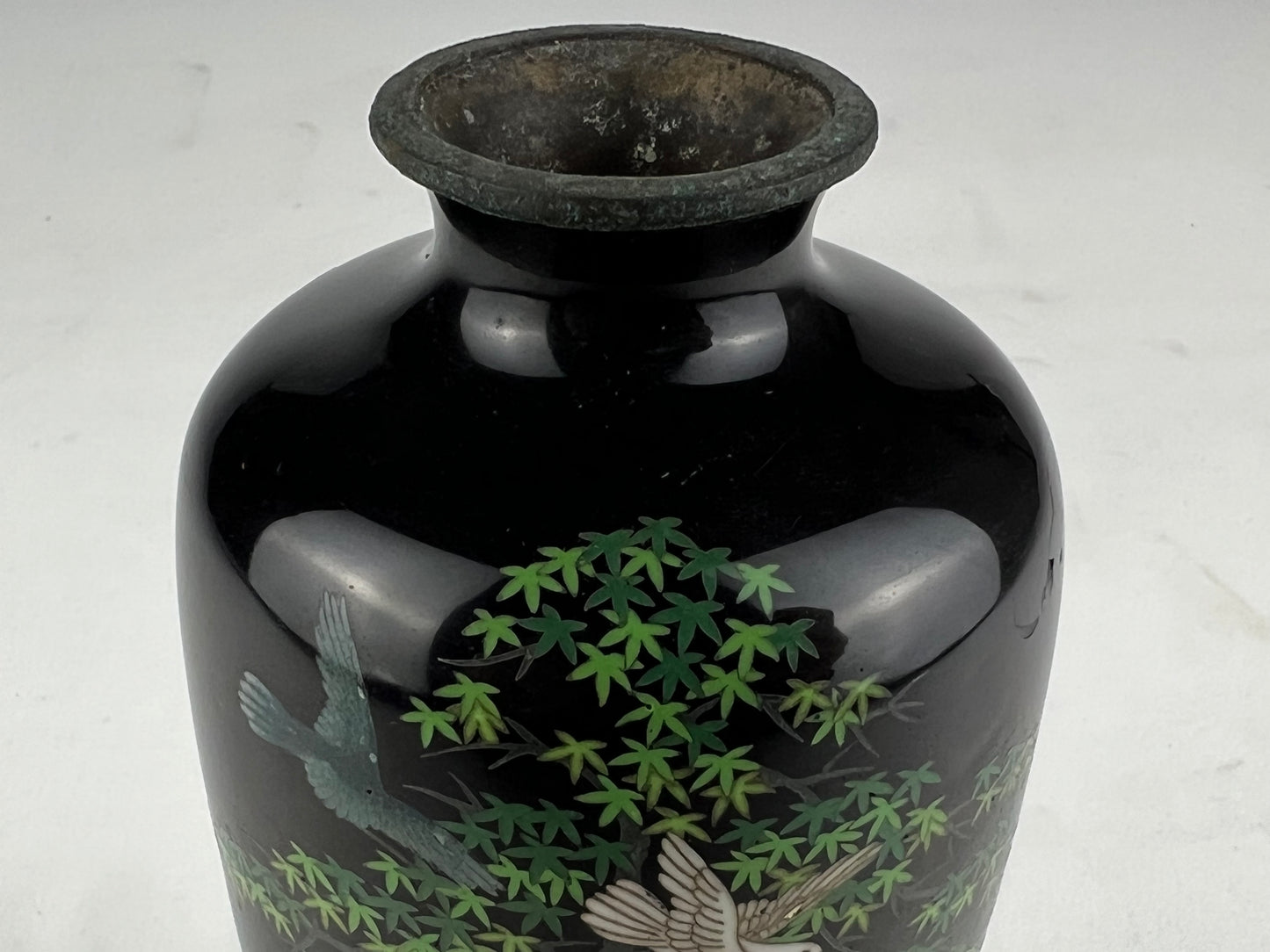 Antique Japanese Meiji Era (c1880) Cloisonné Black Vase Maple Tree & Birds 6”