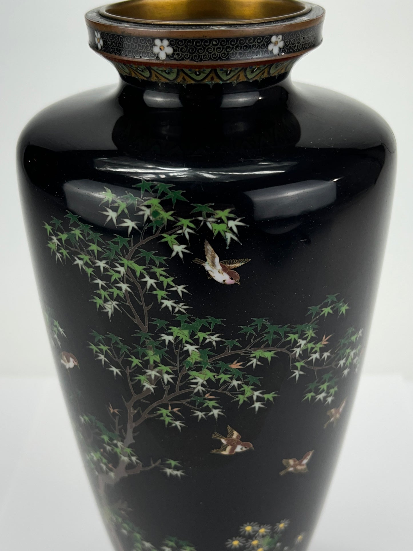 Antique Japanese Meiji Era (late 1800's) Silver Cloisonné Vase Maple & Sparrows 9.5”