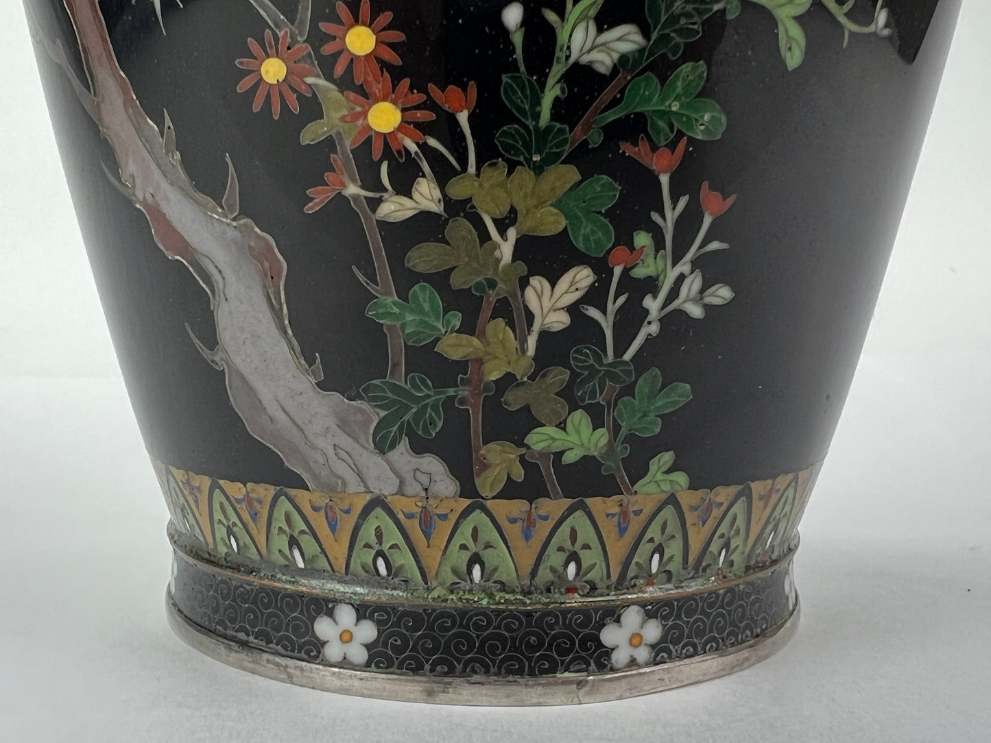 Antique Japanese Meiji Era (late 1800's) Silver Cloisonné Vase Maple & Sparrows 9.5”