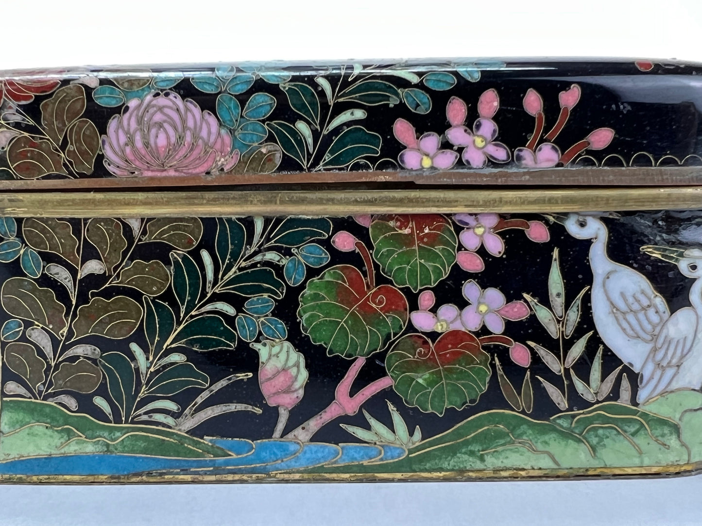 Antique Japanese Meiji Era (late 1800's) Signed Sano Cloisonné Hinged Box Flowers & Birds 5”