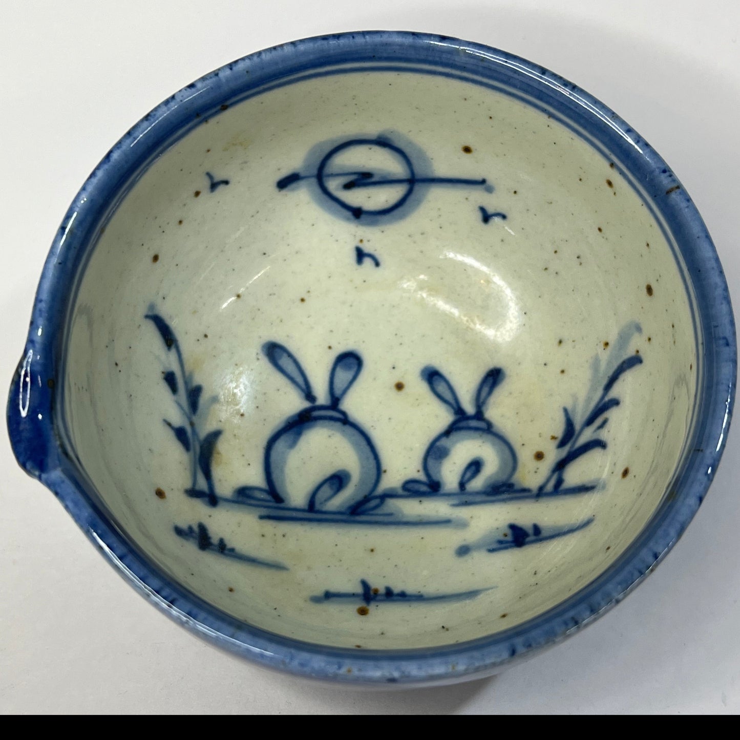 Antique Japanese (c1930's) Rabbit Design Kataguchi Chawan Signed Ceramic Tea Bowl 4"