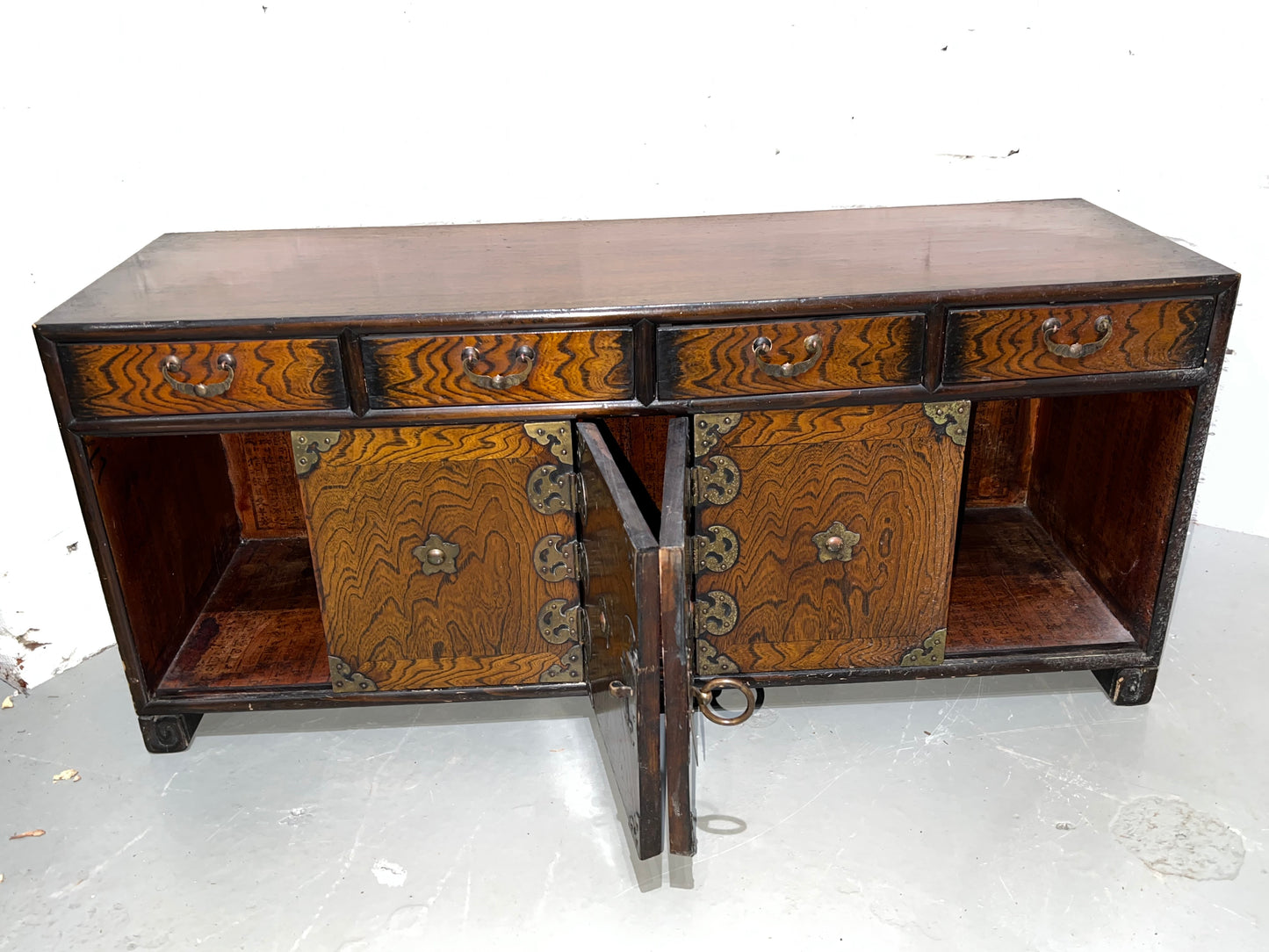 Antique 4 Drawer Cabinet Striped Zelkova Elm Wood 41" Brass Hardware