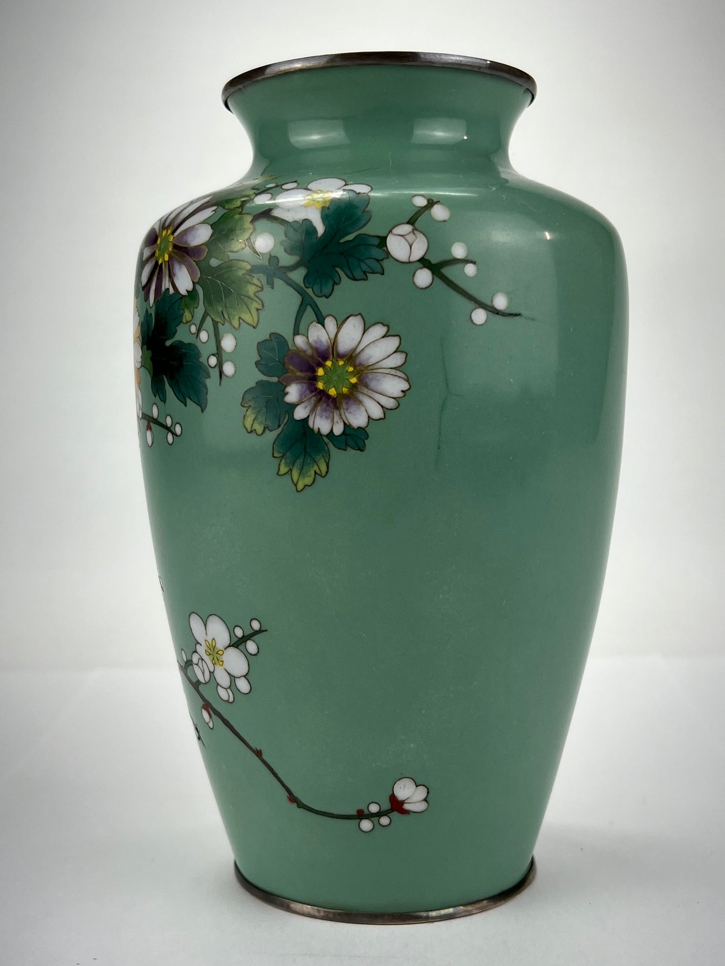 Antique Japanese Meiji Era (late 1800's) Cloisonné Vase Teal w/ Plum Blossoms 7”