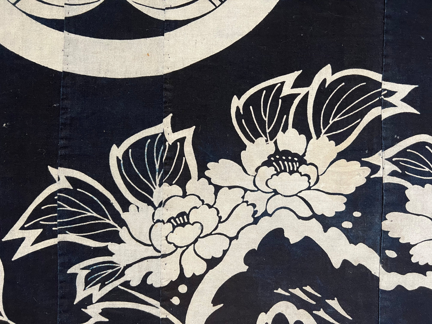 Antique Japanese c1890 Futon Cover 2 Color Crossed Feather Mon & Peony Indigo Dyed Tsutsugaki