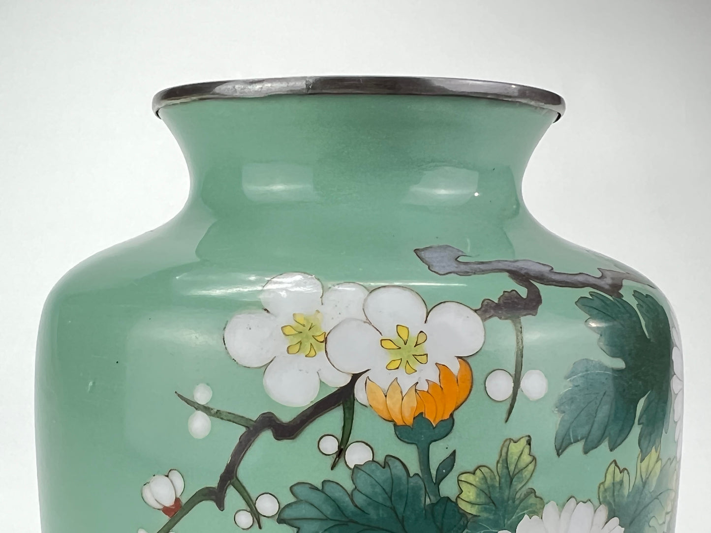 Antique Japanese Meiji Era (late 1800's) Cloisonné Vase Teal w/ Plum Blossoms 7”