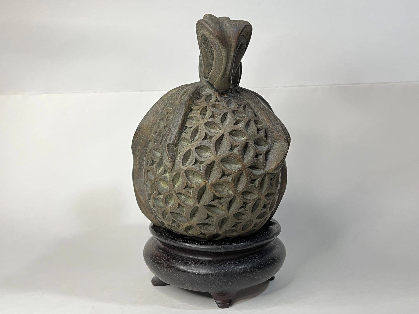 Chinese Wood Carving Lucky Money Bag Hand Carved w/ Stand 7"