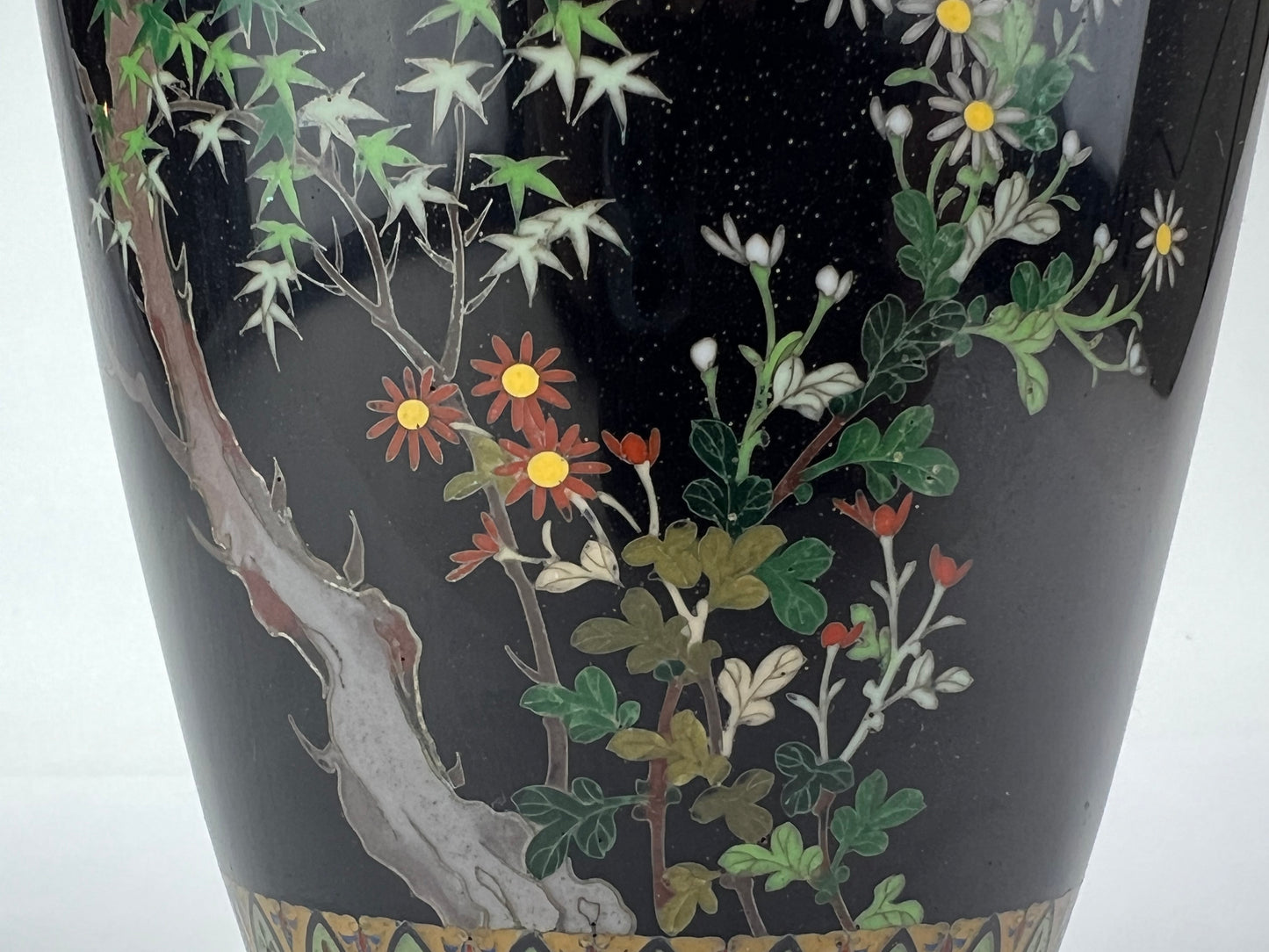 Antique Japanese Meiji Era (late 1800's) Silver Cloisonné Vase Maple & Sparrows 9.5”