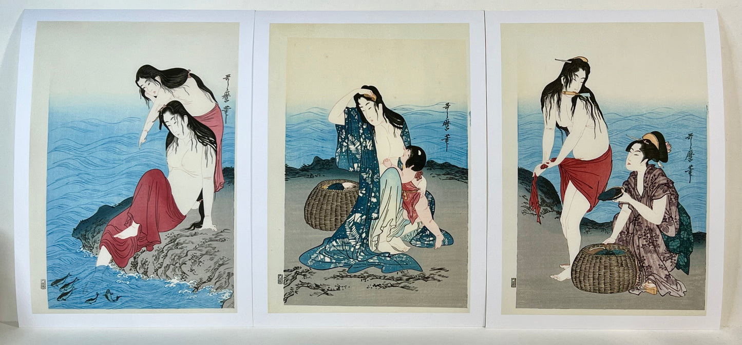 "Abalone Divers" Utamaro Giclee Woodblock Triptych Print Set of 3  9"x14"