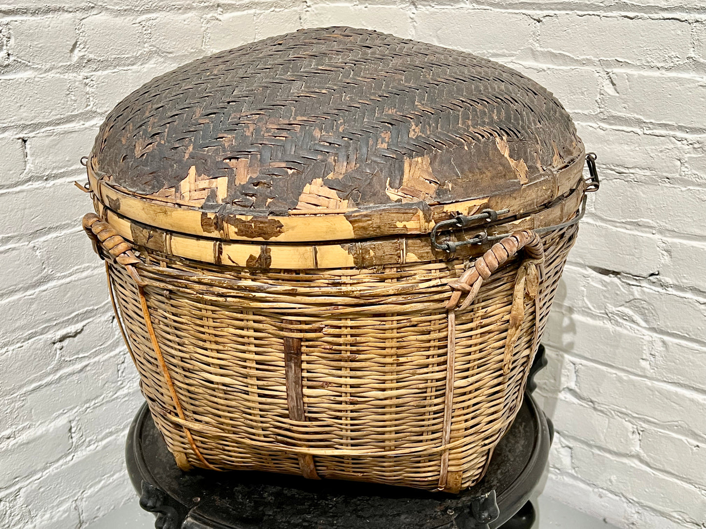 Antique Chinese Basket 19th Century Qing Hand Made Bamboo Storage Basket 22"L