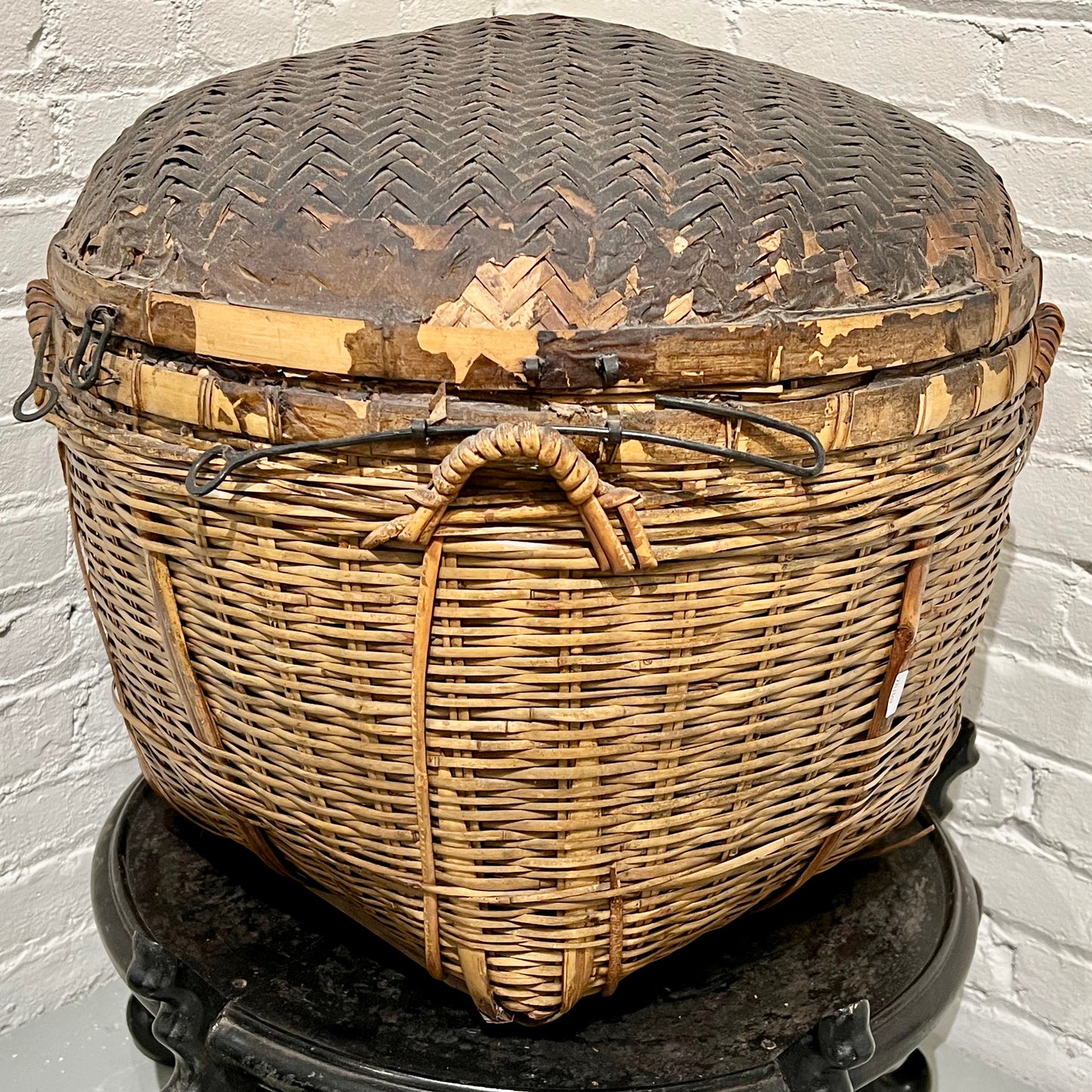 Antique Chinese Basket 19th Century Qing Hand Made Bamboo Storage Basket 22"L
