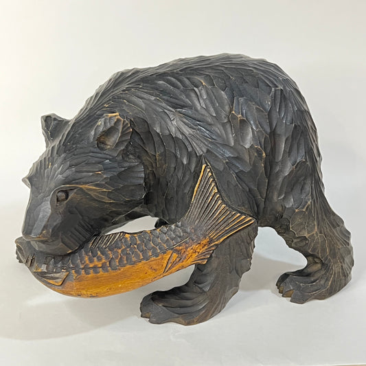 Vintage Japanese Ainu Hand Carved Bear w/ Salmon Cedar Wood Kubori Kuma 6.5"