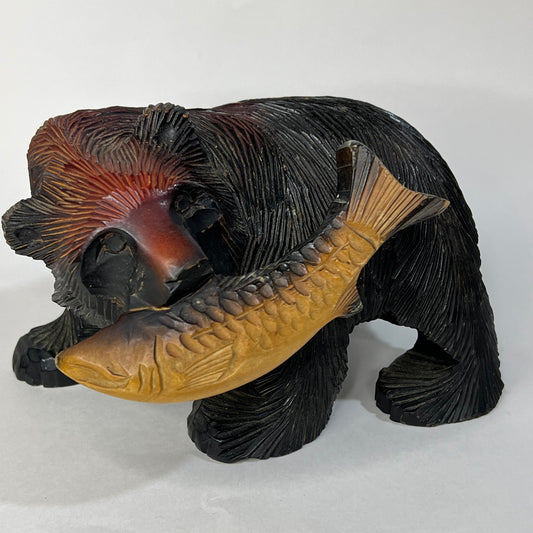 Vintage Japanese Ainu Hand Carved Bear w/ Salmon Cedar Wood Kubori Kuma Red 6"