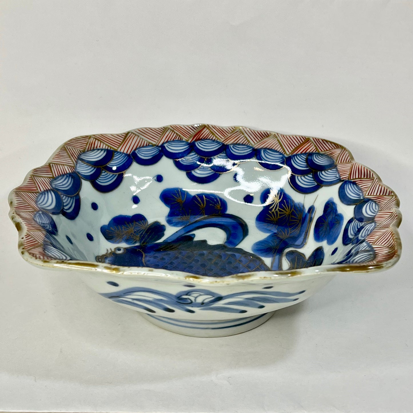 Antique Japanese Edo Era c1800's Imari Ceramic Bowl Koi Fish Cobalt Blue 8"