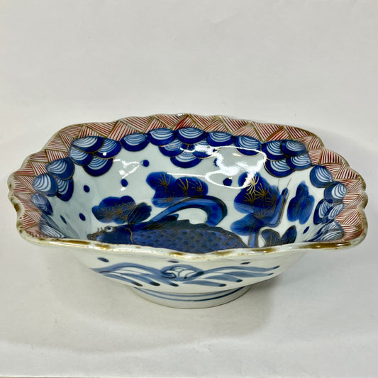 Antique Japanese Edo Era c1800's Imari Ceramic Bowl Koi Fish Cobalt Blue 8"