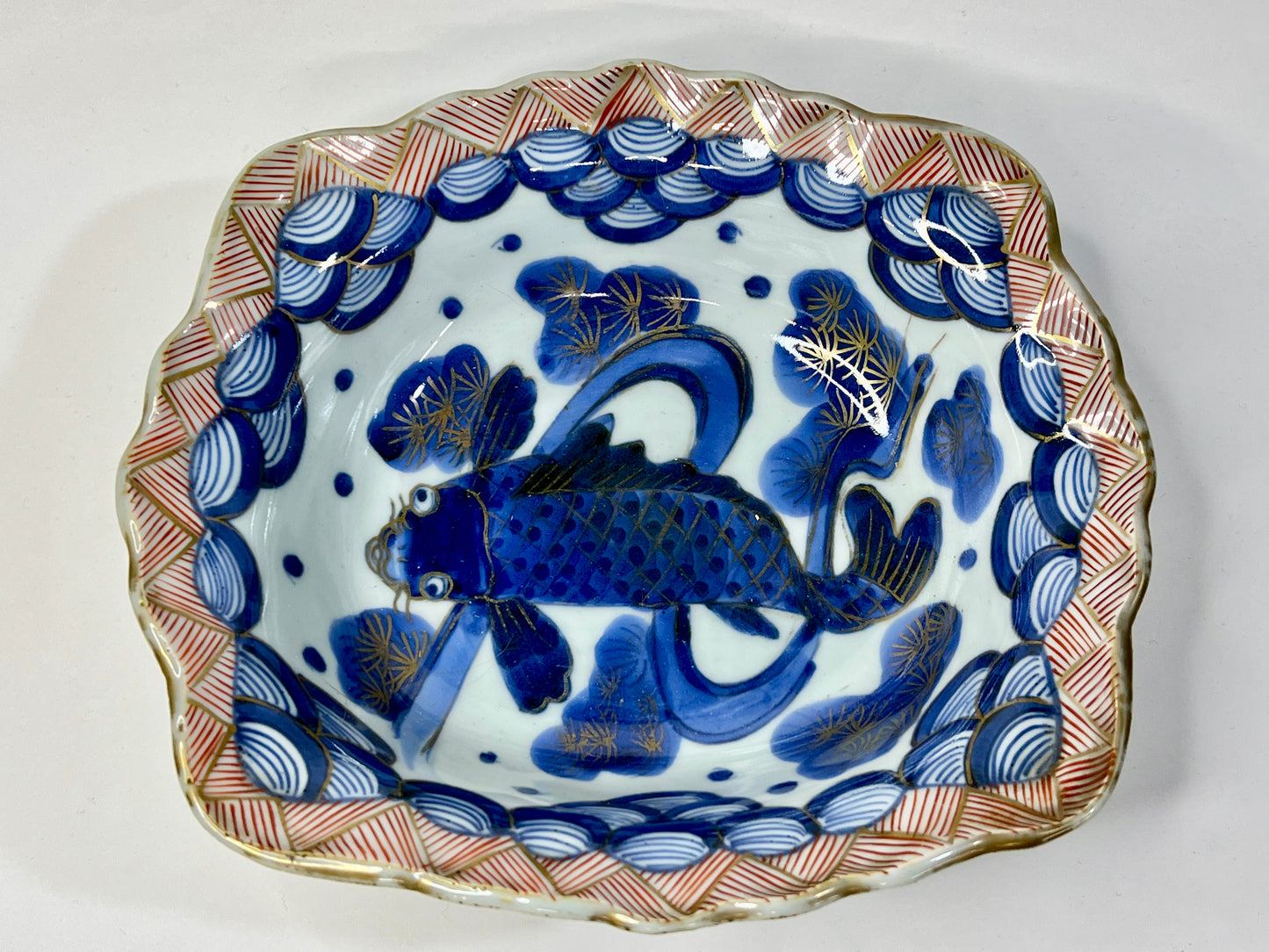 Antique Japanese Edo Era c1800's Imari Ceramic Bowl Koi Fish Cobalt Blue 8"