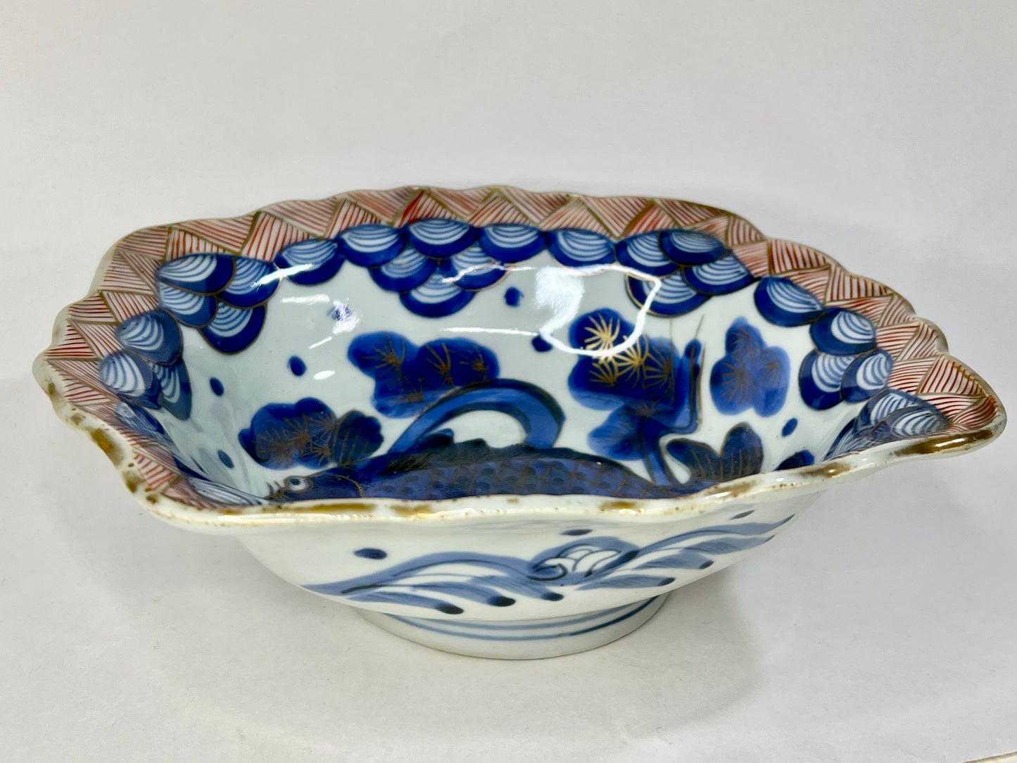 Antique Japanese Edo Era c1800's Imari Ceramic Bowl Koi Fish Cobalt Blue 8"