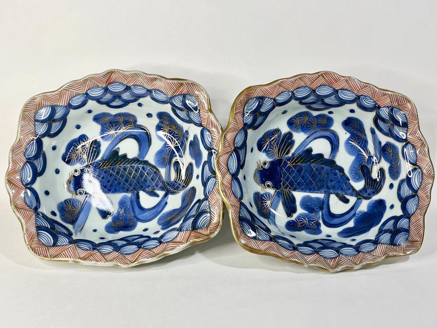 Antique Japanese Edo Era c1800's Imari Ceramic Bowl Koi Fish Cobalt Blue 8"