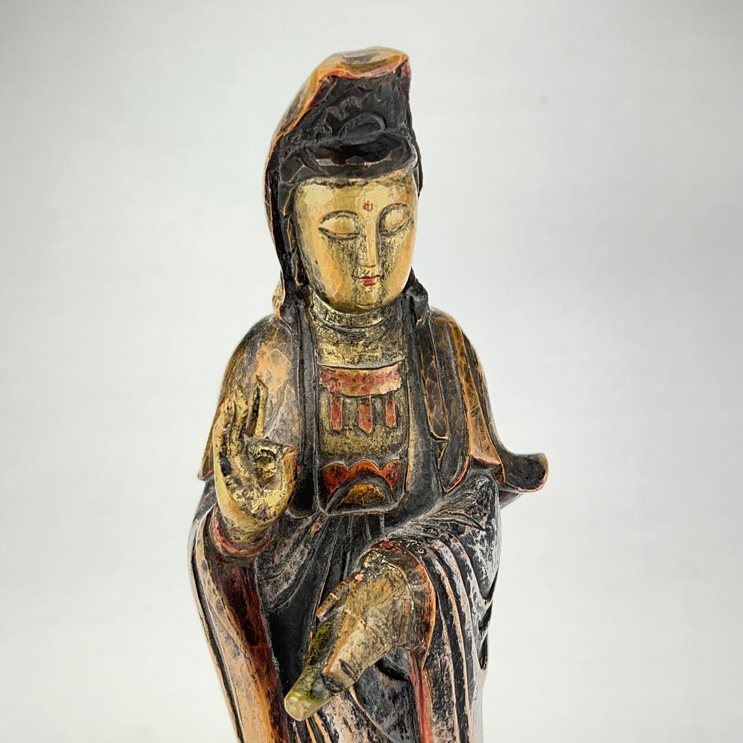 Quan-Yin Statue Carved Wood Goddess of Compassion Standing Pose 12”