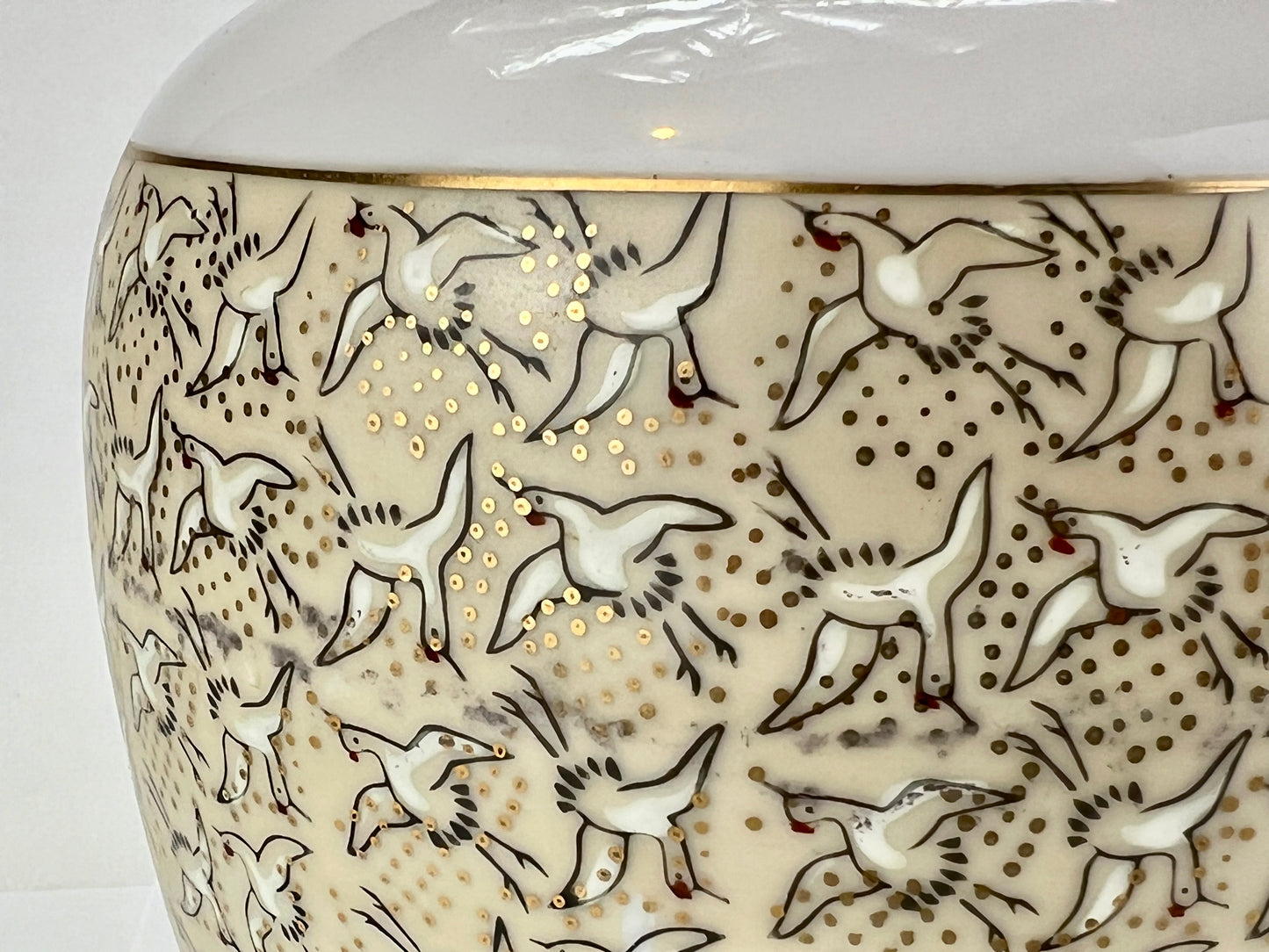 Vintage Porcelain Vase w/ Cranes in Black & Gold 7"
