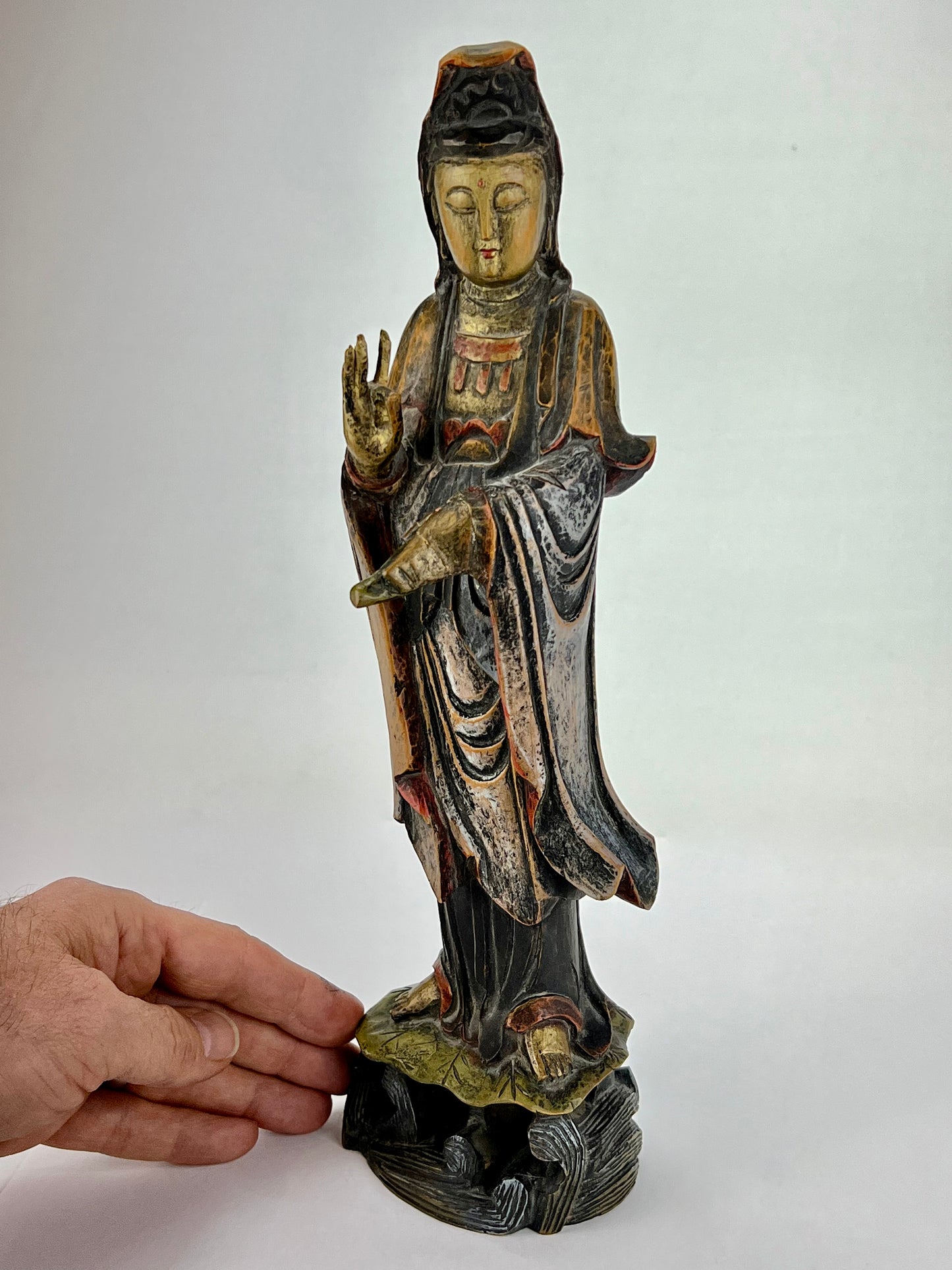 Quan-Yin Statue Carved Wood Goddess of Compassion Standing Pose 12”