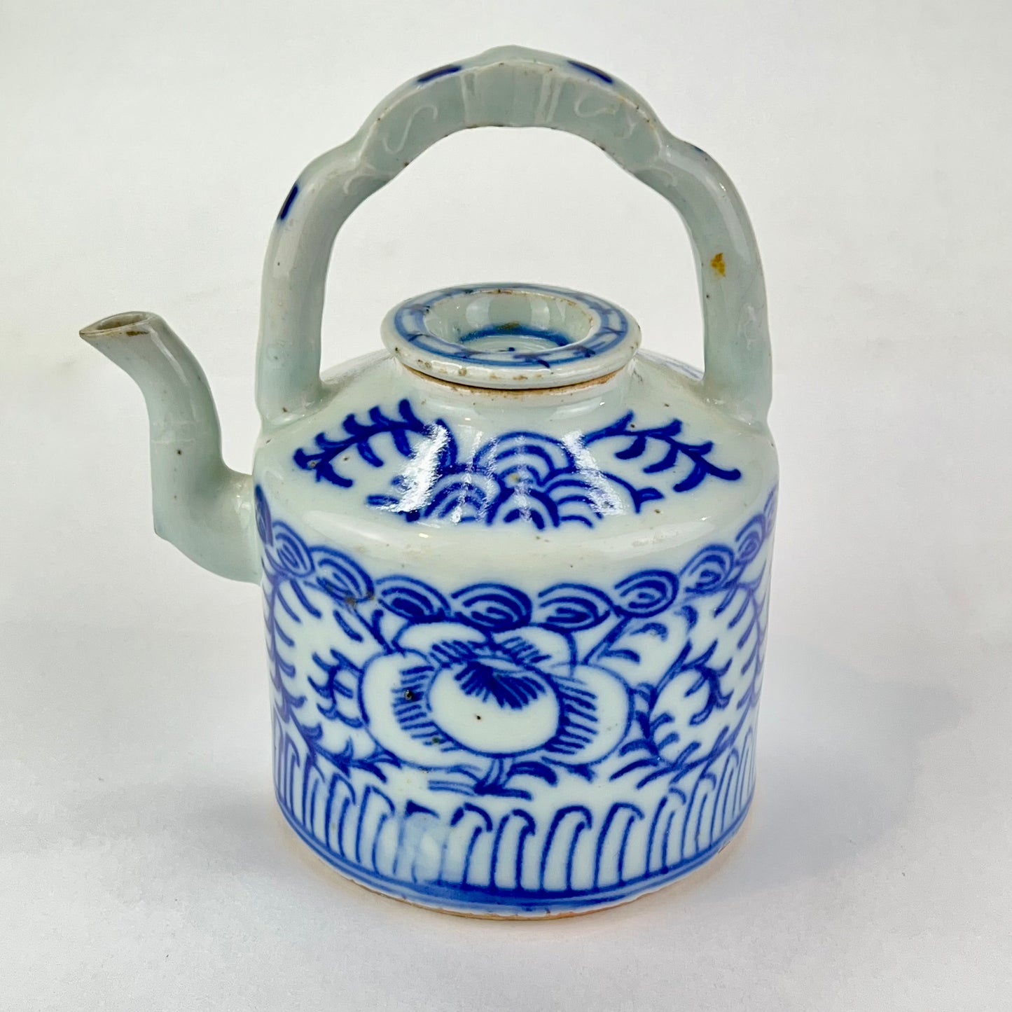 Antique Chinese c1920 Bridge Handle Tea Pot Cobalt Blue & White Hand Painted