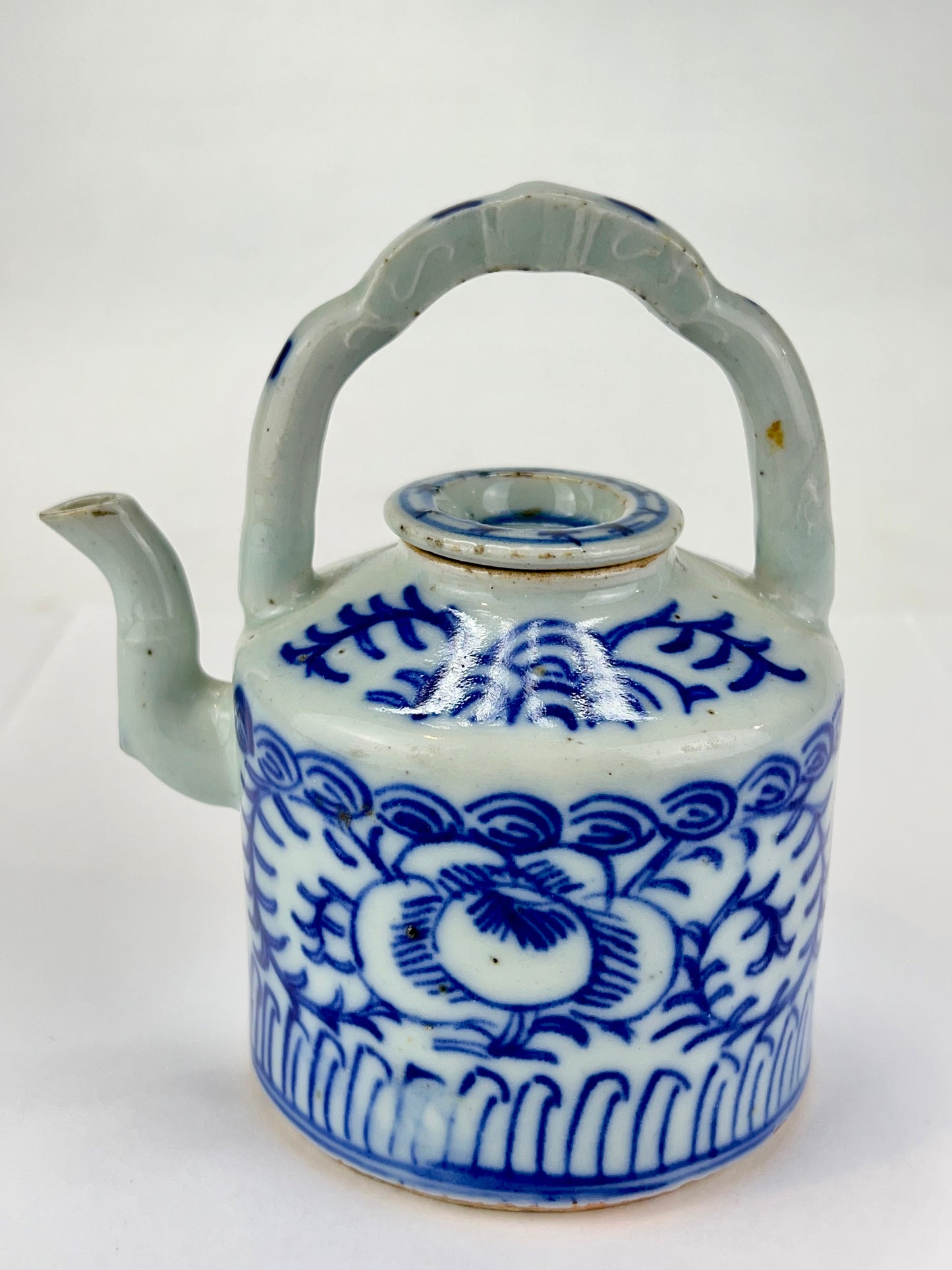 Antique Chinese c1920 Bridge Handle Tea Pot Cobalt Blue & White Hand Painted