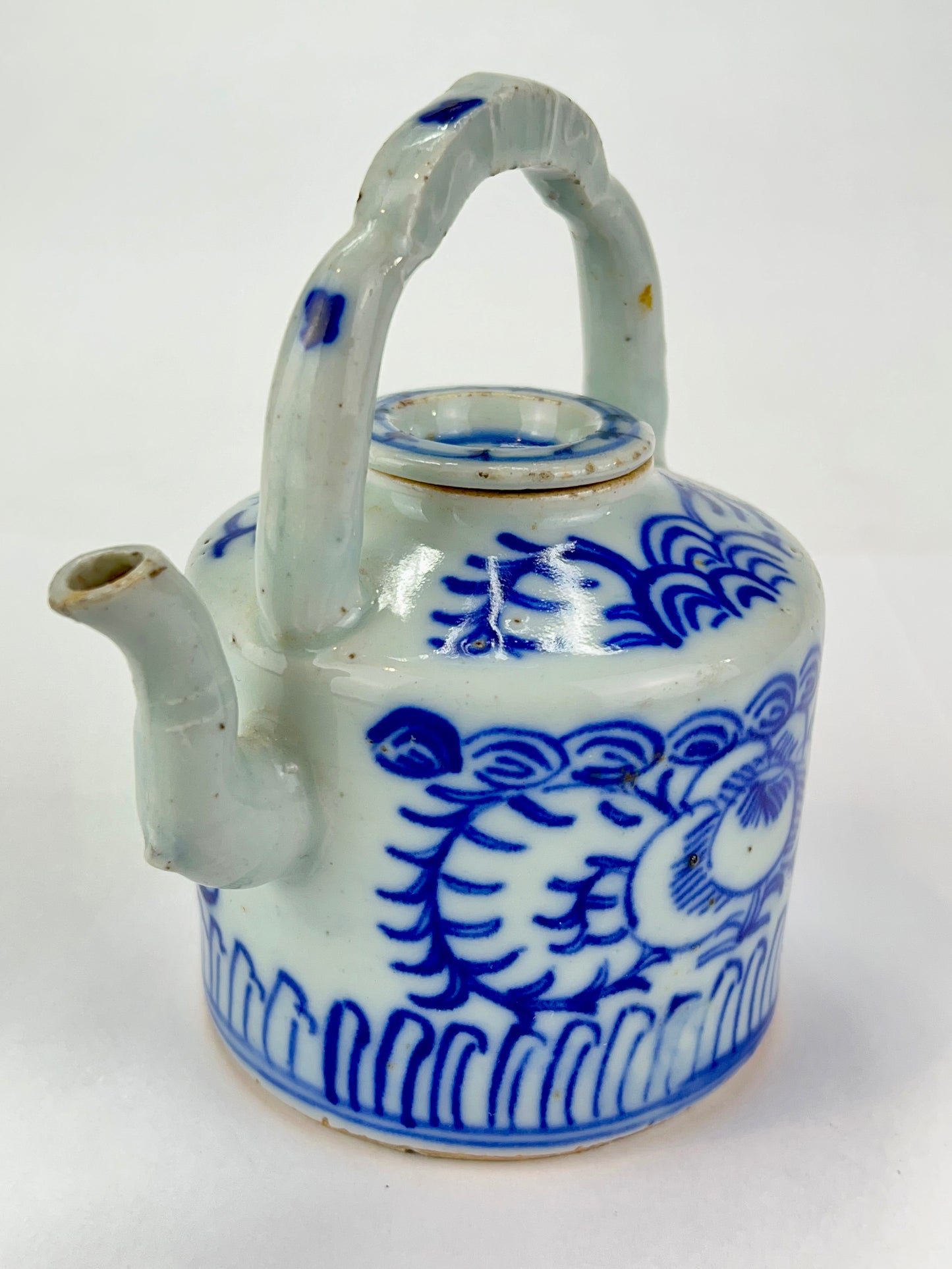 Antique Chinese c1920 Bridge Handle Tea Pot Cobalt Blue & White Hand Painted